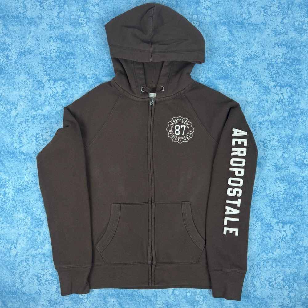 Aeropostale Womens Brown Full Zip Hoodie Sweatshirt Graphic Logo Size S - Picture 1 of 11